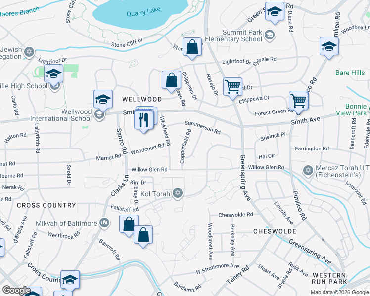 map of restaurants, bars, coffee shops, grocery stores, and more near 6519 Copperfield Road in Baltimore