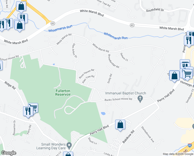 map of restaurants, bars, coffee shops, grocery stores, and more near 8138 Rose Haven Road in Rosedale