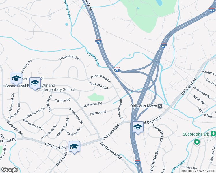 map of restaurants, bars, coffee shops, grocery stores, and more near 8211 Streamwood Drive in Pikesville