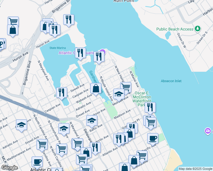 map of restaurants, bars, coffee shops, grocery stores, and more near 67 Anchorage Court in Atlantic City