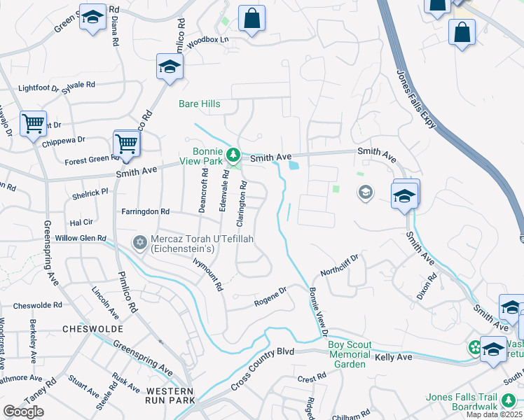 map of restaurants, bars, coffee shops, grocery stores, and more near 6601 Pebble Brooke Road in Baltimore