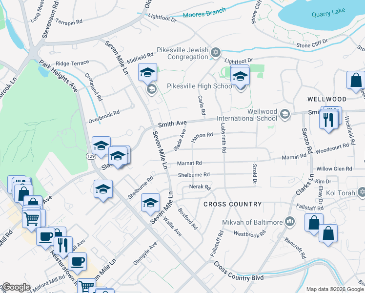 map of restaurants, bars, coffee shops, grocery stores, and more near 7511 Slade Avenue in Pikesville