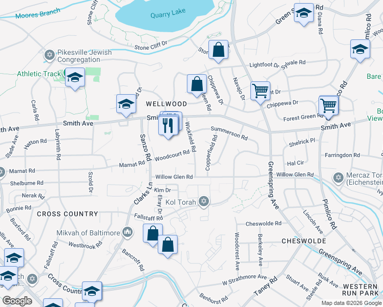 map of restaurants, bars, coffee shops, grocery stores, and more near 2701 Woodcourt Road in Baltimore