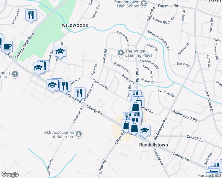 map of restaurants, bars, coffee shops, grocery stores, and more near 9202 Samoset Road in Randallstown