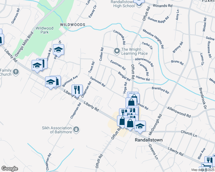 map of restaurants, bars, coffee shops, grocery stores, and more near 9202 Samoset Road in Randallstown