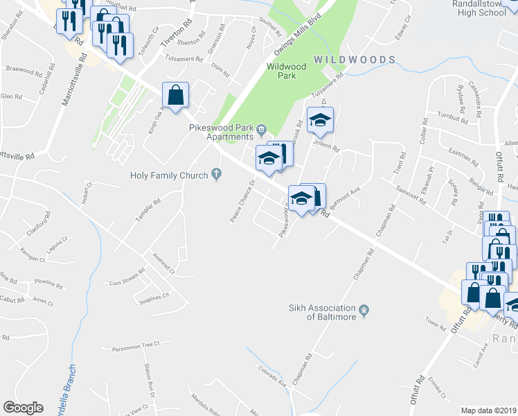 map of restaurants, bars, coffee shops, grocery stores, and more near 9302 Silver Charm Drive in Randallstown