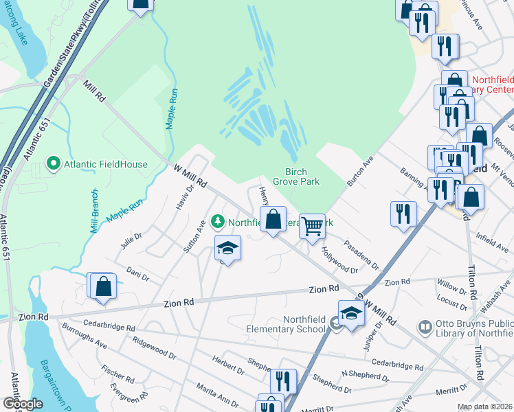 map of restaurants, bars, coffee shops, grocery stores, and more near 29 Henry Drive in Northfield