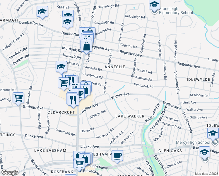 map of restaurants, bars, coffee shops, grocery stores, and more near 601 Windwood Road in Baltimore