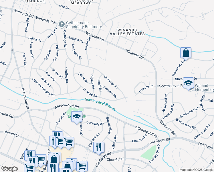 map of restaurants, bars, coffee shops, grocery stores, and more near 3921 Lausanne Road in Randallstown