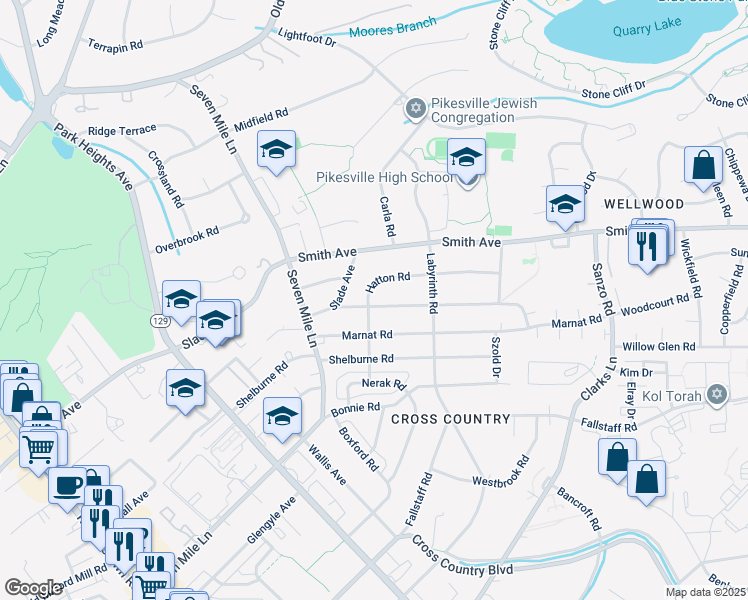 map of restaurants, bars, coffee shops, grocery stores, and more near 3220 Northbrook Road in Pikesville