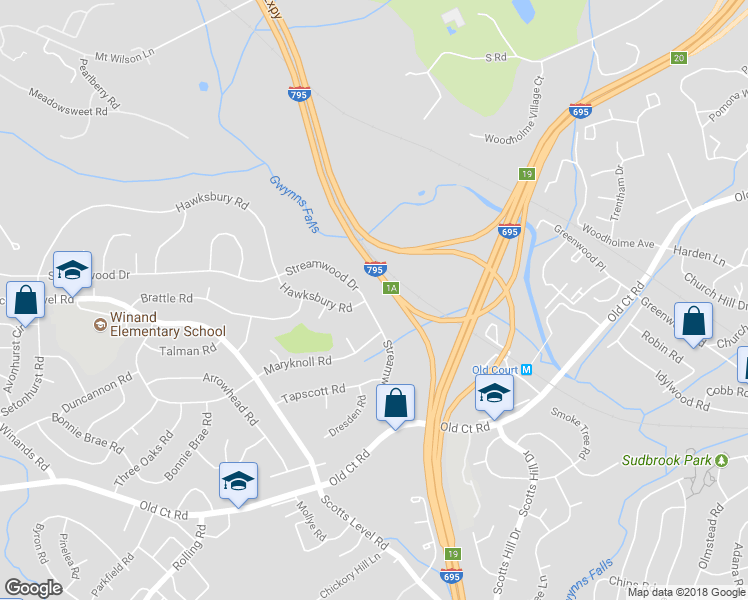 map of restaurants, bars, coffee shops, grocery stores, and more near 8208 Streamwood Drive in Pikesville