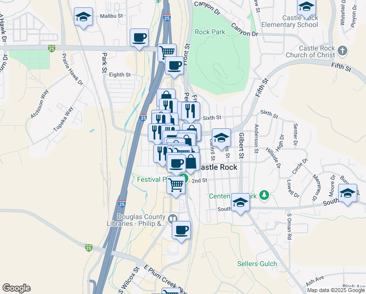 map of restaurants, bars, coffee shops, grocery stores, and more near 403 Perry Street in Castle Rock