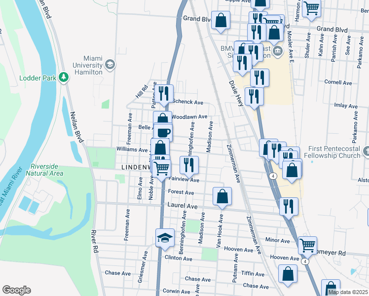 map of restaurants, bars, coffee shops, grocery stores, and more near 710 Williams Avenue in Hamilton