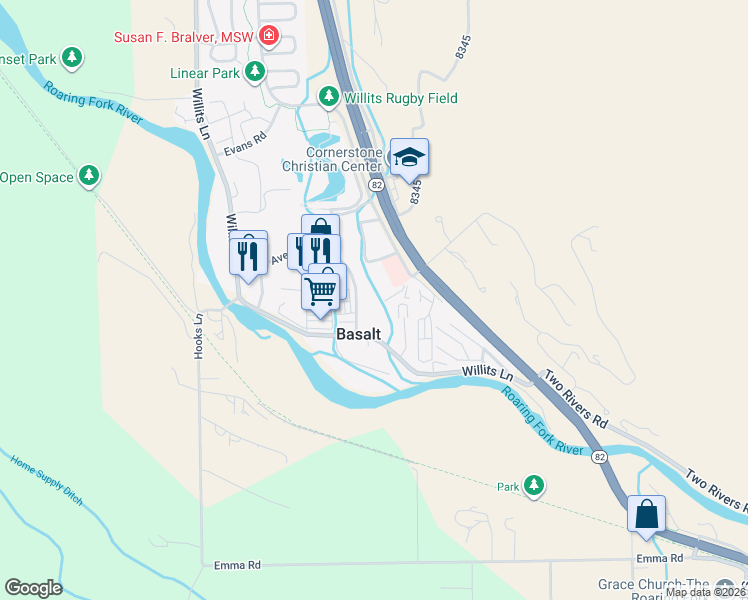 map of restaurants, bars, coffee shops, grocery stores, and more near 323 Park Avenue in Basalt