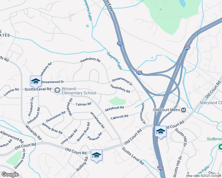 map of restaurants, bars, coffee shops, grocery stores, and more near 4519 Hawksbury Road in Pikesville
