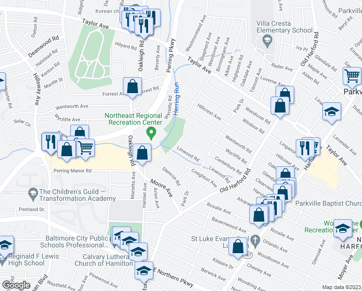 map of restaurants, bars, coffee shops, grocery stores, and more near 2500B Linwood Road in Parkville
