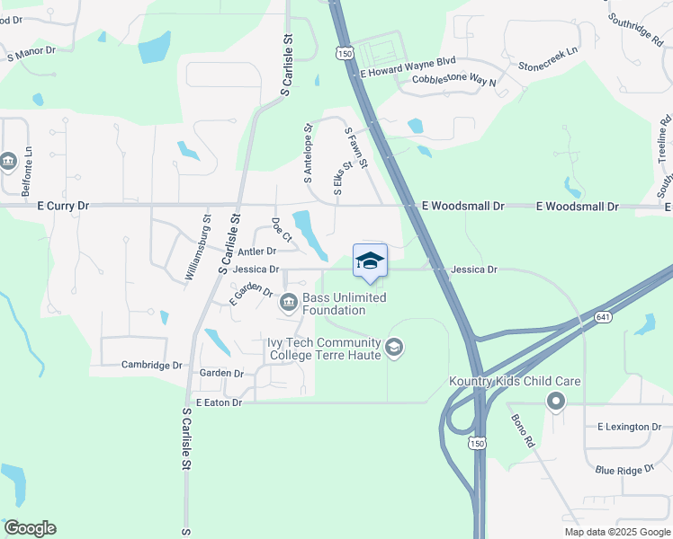 map of restaurants, bars, coffee shops, grocery stores, and more near 1655 East Jessica Drive in Terre Haute