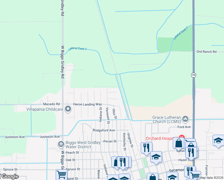 map of restaurants, bars, coffee shops, grocery stores, and more near 730 Flyway Court in Gridley