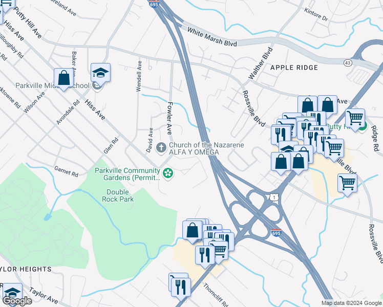 map of restaurants, bars, coffee shops, grocery stores, and more near 3630 Double Rock Lane in Parkville