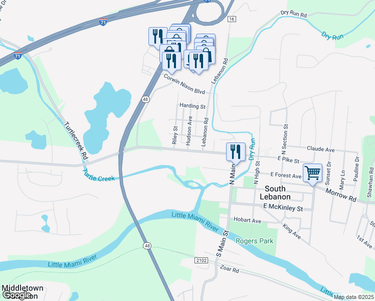 map of restaurants, bars, coffee shops, grocery stores, and more near 6636 Hudson Avenue in South Lebanon