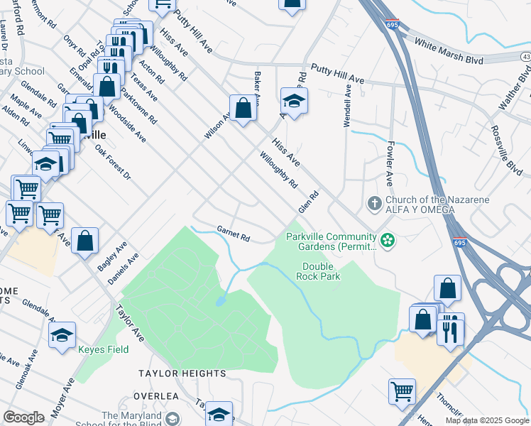 map of restaurants, bars, coffee shops, grocery stores, and more near 3325 Texas Avenue in Parkville