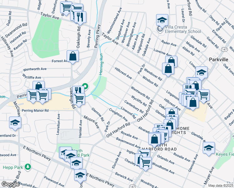 map of restaurants, bars, coffee shops, grocery stores, and more near 2522 Canterbury Road in Parkville