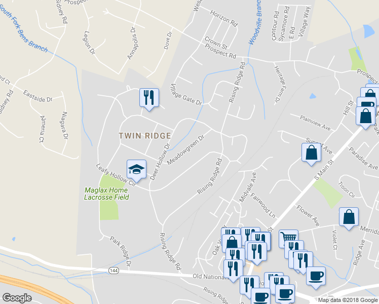 map of restaurants, bars, coffee shops, grocery stores, and more near 916 Meadowgreen Drive in Mount Airy