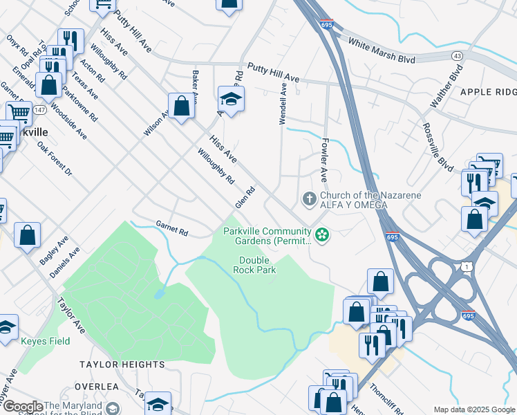 map of restaurants, bars, coffee shops, grocery stores, and more near 8430 Hallmark Circle in Parkville