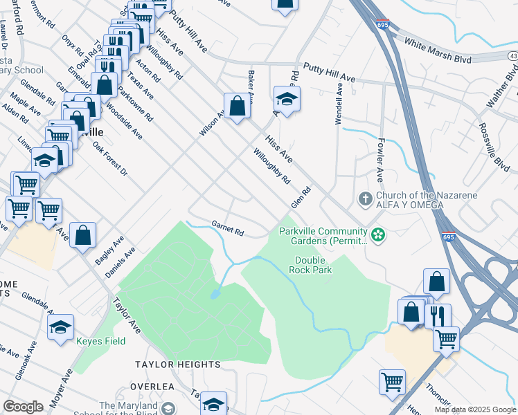 map of restaurants, bars, coffee shops, grocery stores, and more near 3325 Texas Avenue in Parkville