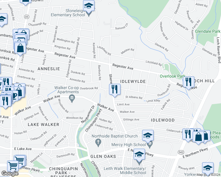 map of restaurants, bars, coffee shops, grocery stores, and more near 6400 Sherwood Road in Baltimore