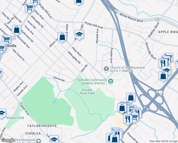 map of restaurants, bars, coffee shops, grocery stores, and more near 8430 Hallmark Circle in Parkville