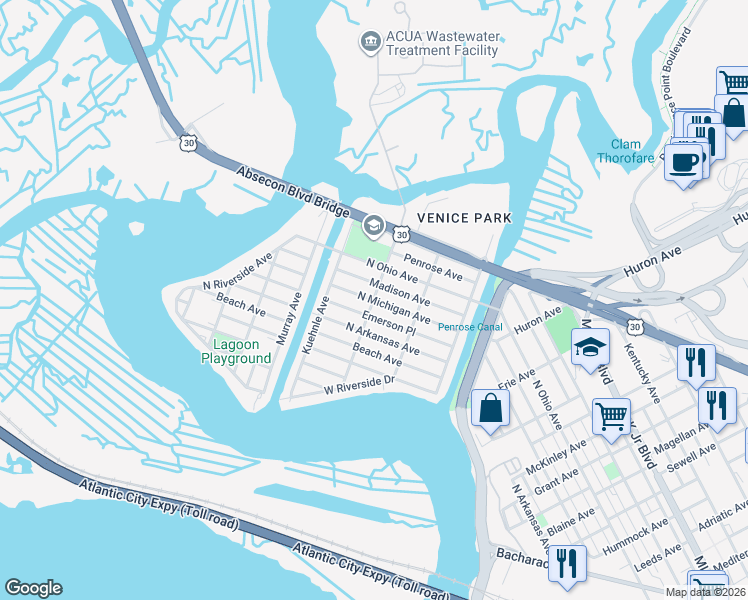 map of restaurants, bars, coffee shops, grocery stores, and more near North Michigan Avenue & Gramercy Avenue in Atlantic City