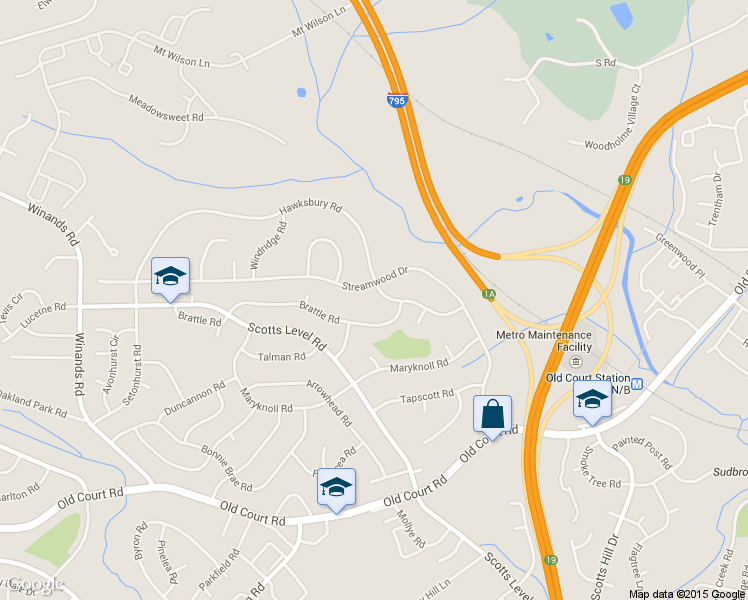 map of restaurants, bars, coffee shops, grocery stores, and more near 4523 Hawksbury Road in Pikesville