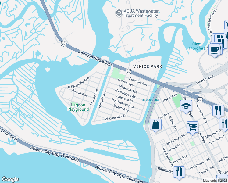 map of restaurants, bars, coffee shops, grocery stores, and more near 1603 Emerson Place in Atlantic City