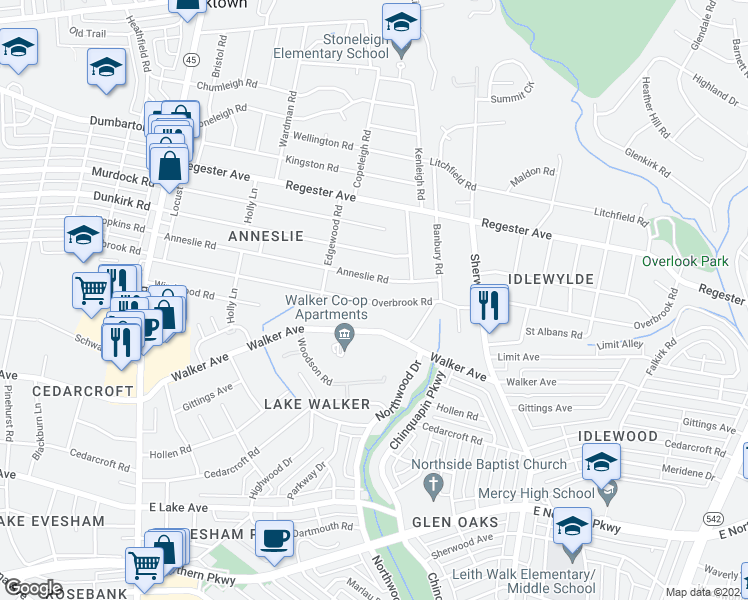 map of restaurants, bars, coffee shops, grocery stores, and more near 724 Overbrook Road in Baltimore