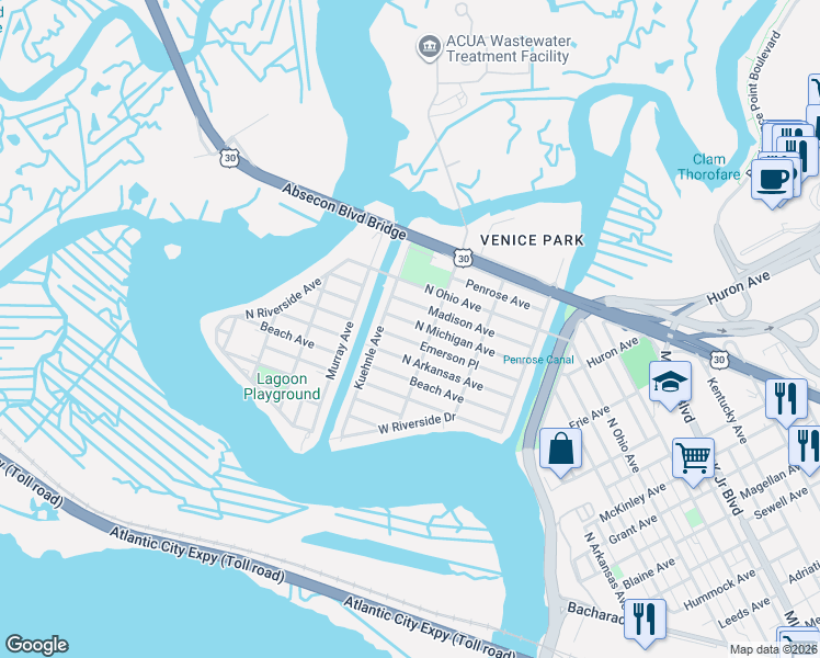 map of restaurants, bars, coffee shops, grocery stores, and more near 1603 Emerson Place in Atlantic City