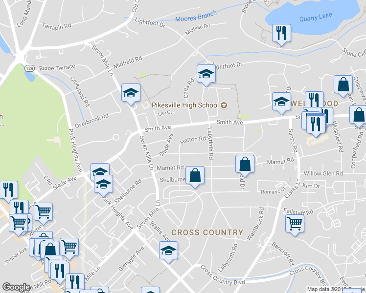 map of restaurants, bars, coffee shops, grocery stores, and more near 3213 Hatton Road in Pikesville