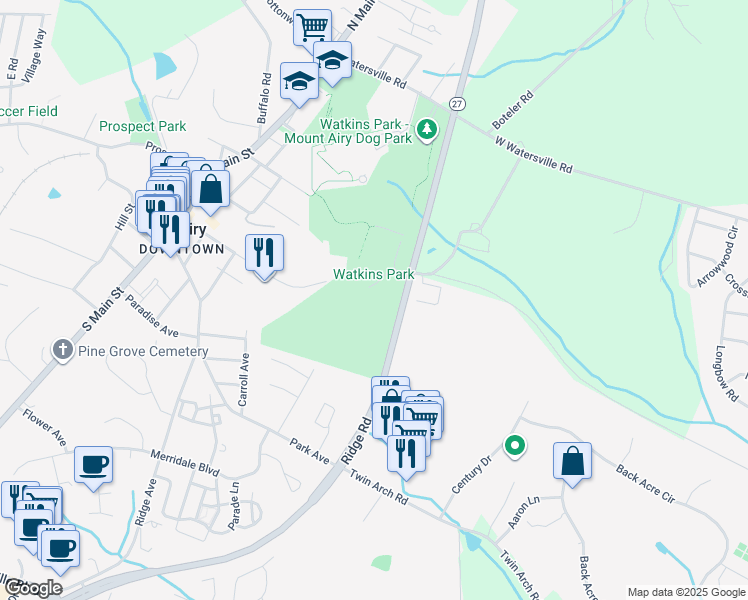 map of restaurants, bars, coffee shops, grocery stores, and more near 602 Center St in Mt Airy