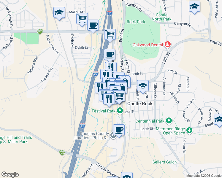 map of restaurants, bars, coffee shops, grocery stores, and more near 213 Fourth Street in Castle Rock