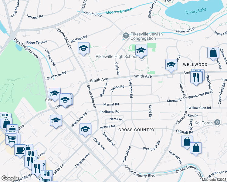 map of restaurants, bars, coffee shops, grocery stores, and more near 3213 Hatton Road in Pikesville