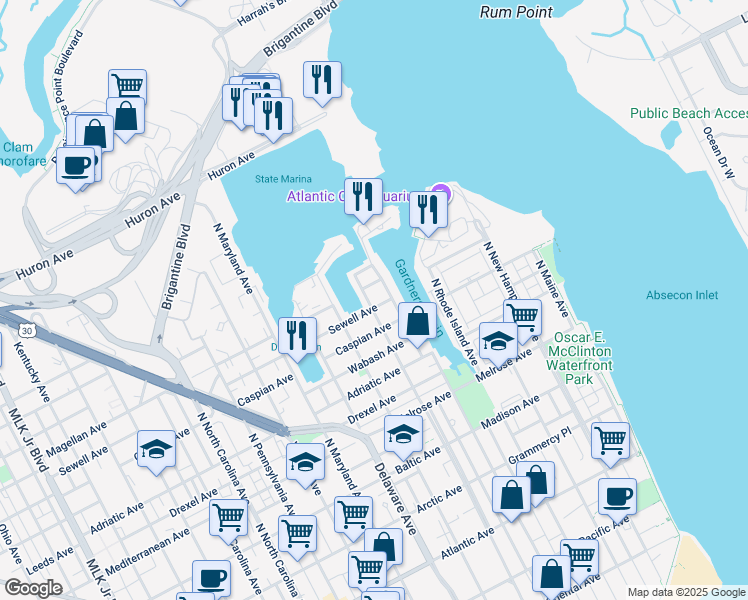 map of restaurants, bars, coffee shops, grocery stores, and more near 508 Sewell Avenue in Atlantic City