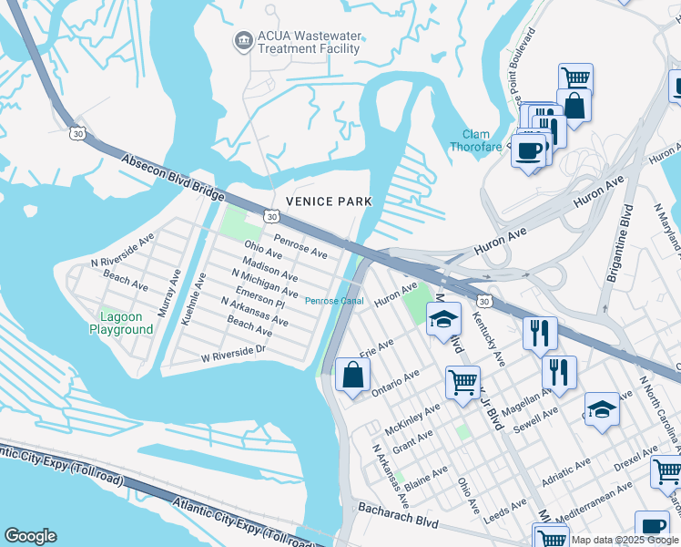 map of restaurants, bars, coffee shops, grocery stores, and more near 1906 East Riverside Drive in Atlantic City