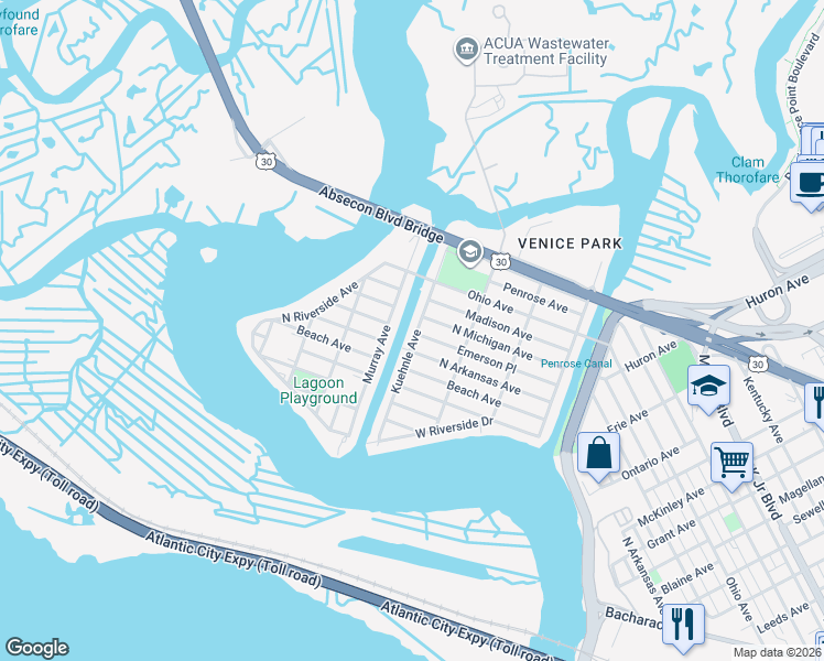 map of restaurants, bars, coffee shops, grocery stores, and more near 2020 Kuehnle Avenue in Atlantic City