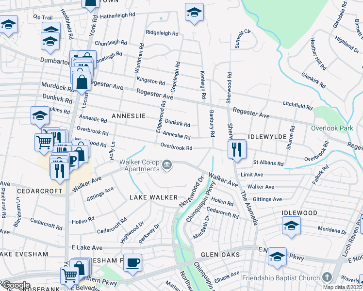 map of restaurants, bars, coffee shops, grocery stores, and more near 724 Overbrook Road in Baltimore
