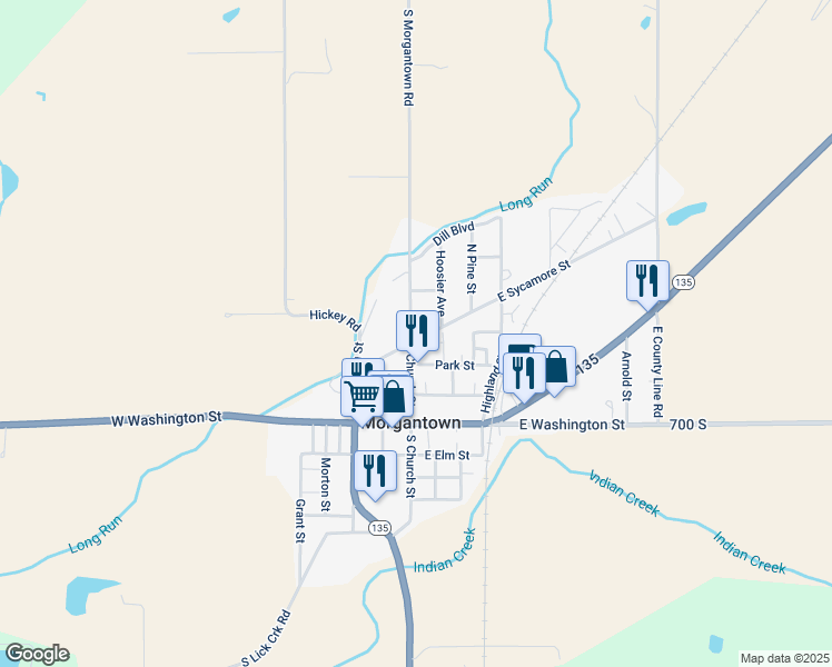 map of restaurants, bars, coffee shops, grocery stores, and more near 20 East Sycamore Street in Morgantown