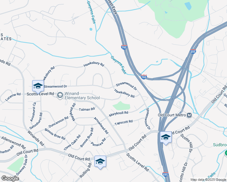 map of restaurants, bars, coffee shops, grocery stores, and more near 4523 Hawksbury Road in Pikesville