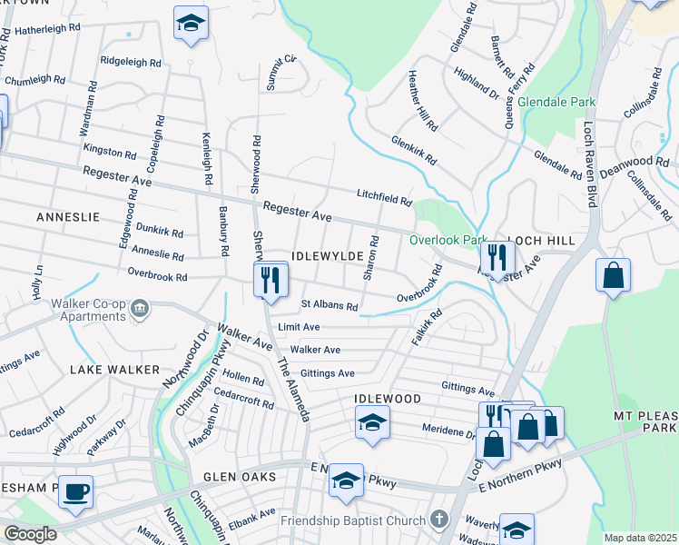 map of restaurants, bars, coffee shops, grocery stores, and more near 6400 Crestwood Road in Baltimore