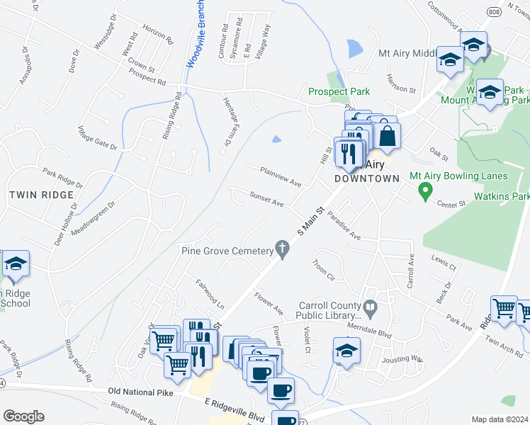 map of restaurants, bars, coffee shops, grocery stores, and more near 702 North Warfield Drive in Mount Airy