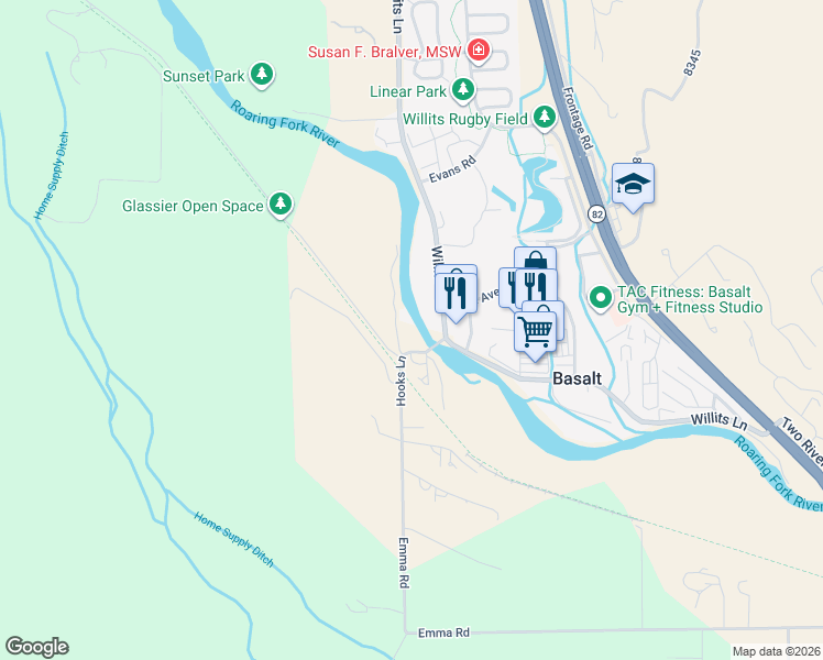 map of restaurants, bars, coffee shops, grocery stores, and more near 95 Hooks Ln in Basalt
