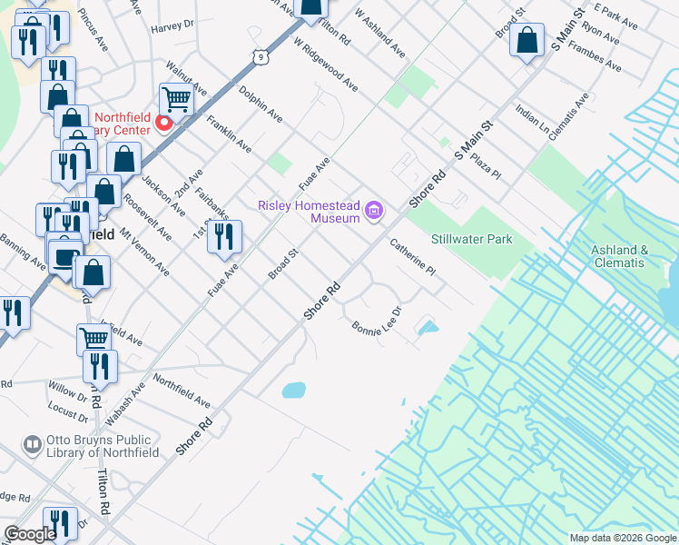 map of restaurants, bars, coffee shops, grocery stores, and more near 608 Shore Road in Northfield